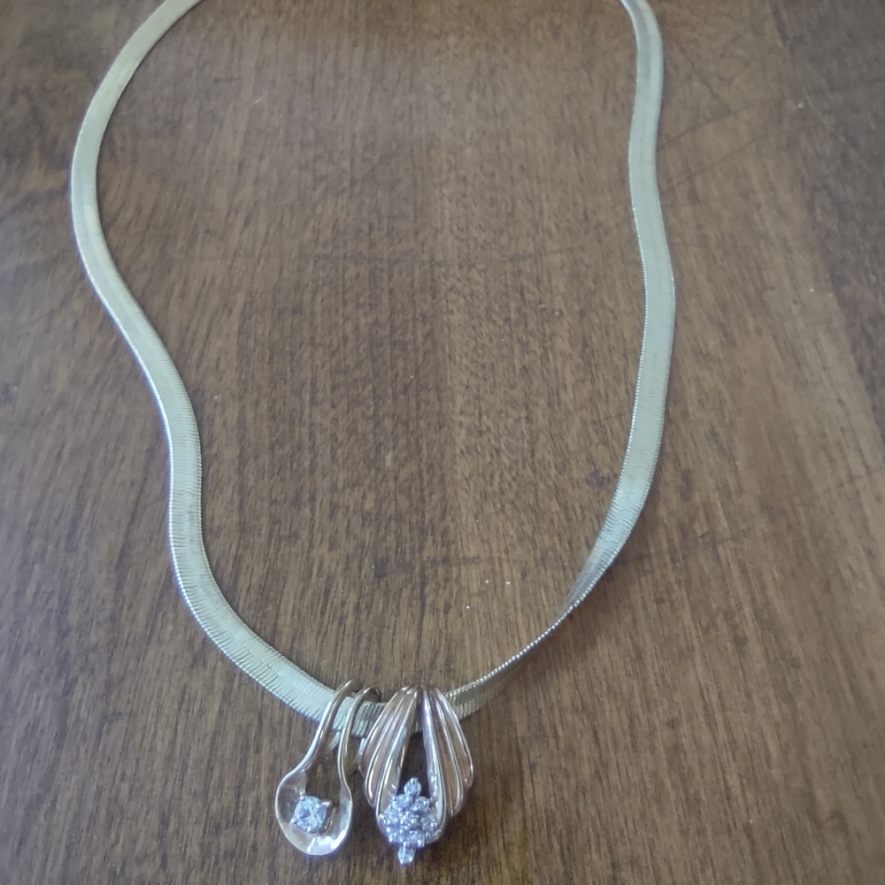 Herringbone gold-tone necklace with two faux diamond pendants
